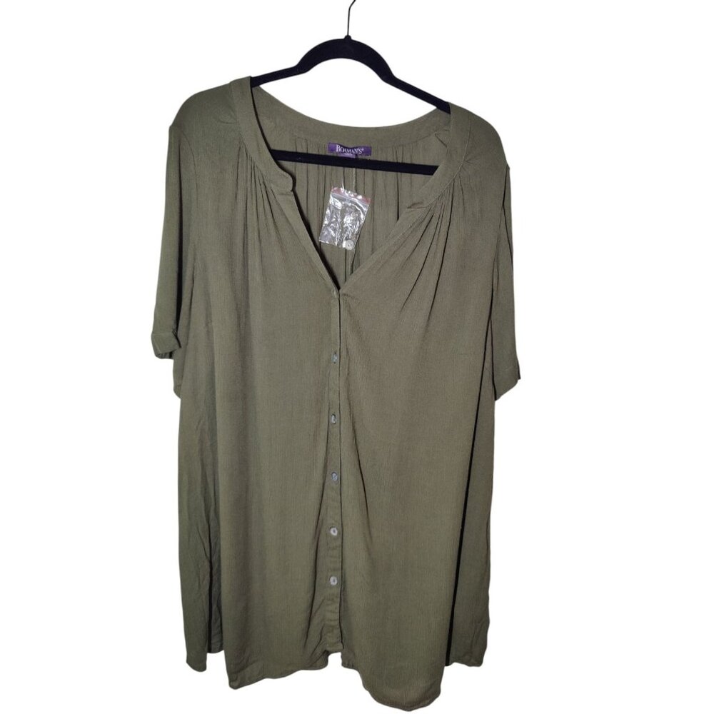 Roaman's Olive Green Button-Up Short Sleeve Rayon Peasant Tunic Top 20W NWOT
